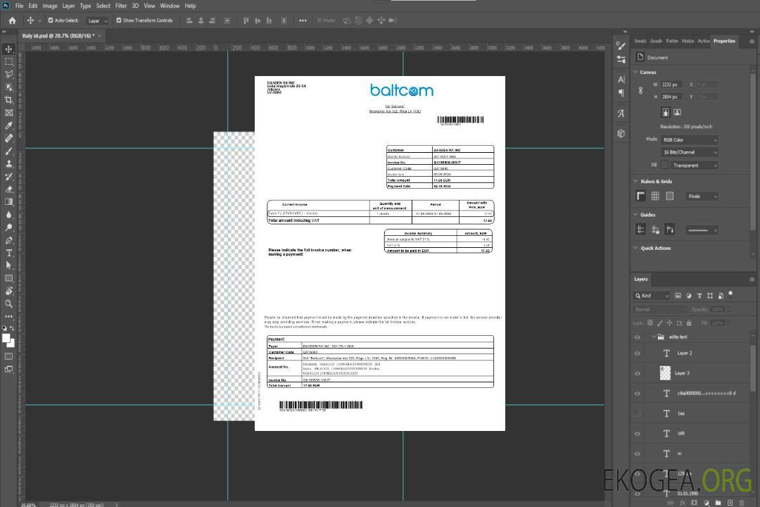 Modèle de facture de services publics pour les entreprises de télécommunications de Lettonie Baltcom aux formats Word et PDF (version anglaise) template